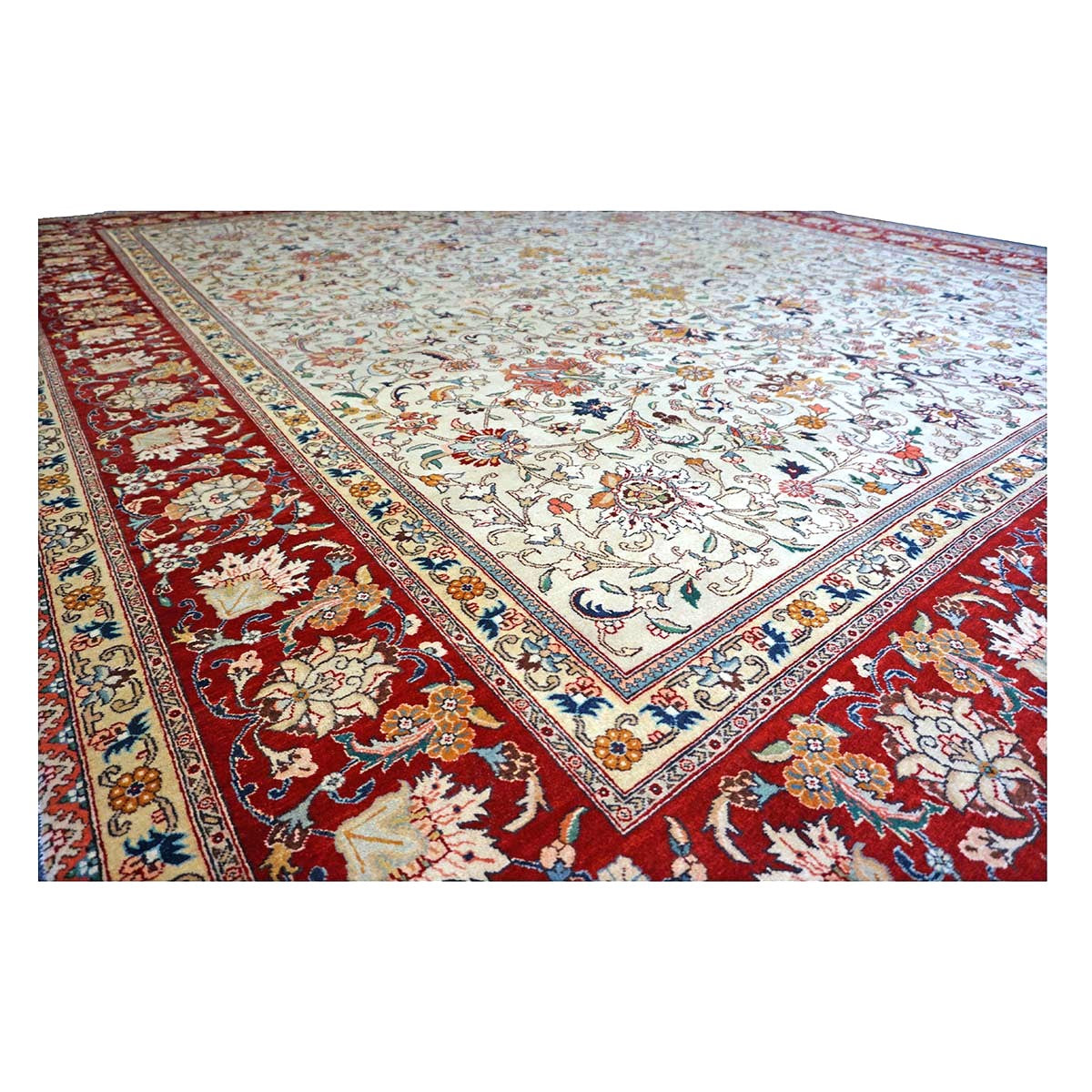 Vintage Persian Tabriz Wool 9x11 Ivory & Red Handmade Area Rug #1140126