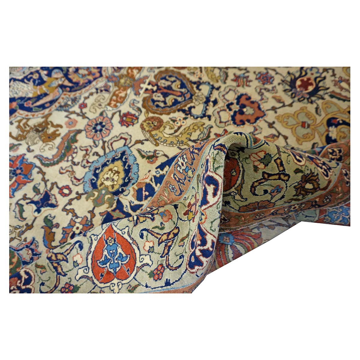 Antique Persian Tabriz Wool 9x12 Ivory & Light Blue, Light Green Handmade Area Rug #1140869