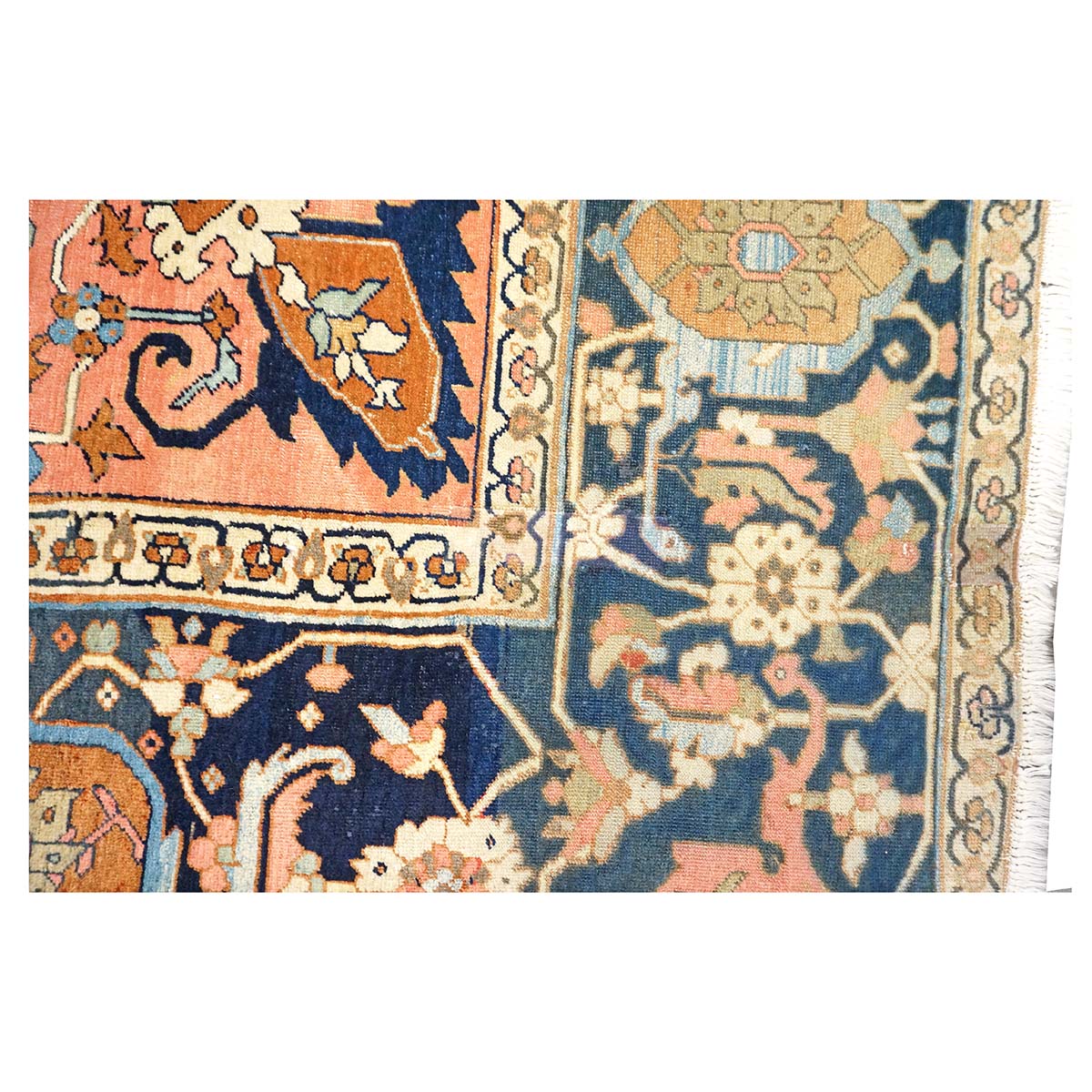 Antique Persian Serapi Wool 9x11 Ivory, Salmon & Navy Handmade Area Rug #1143523