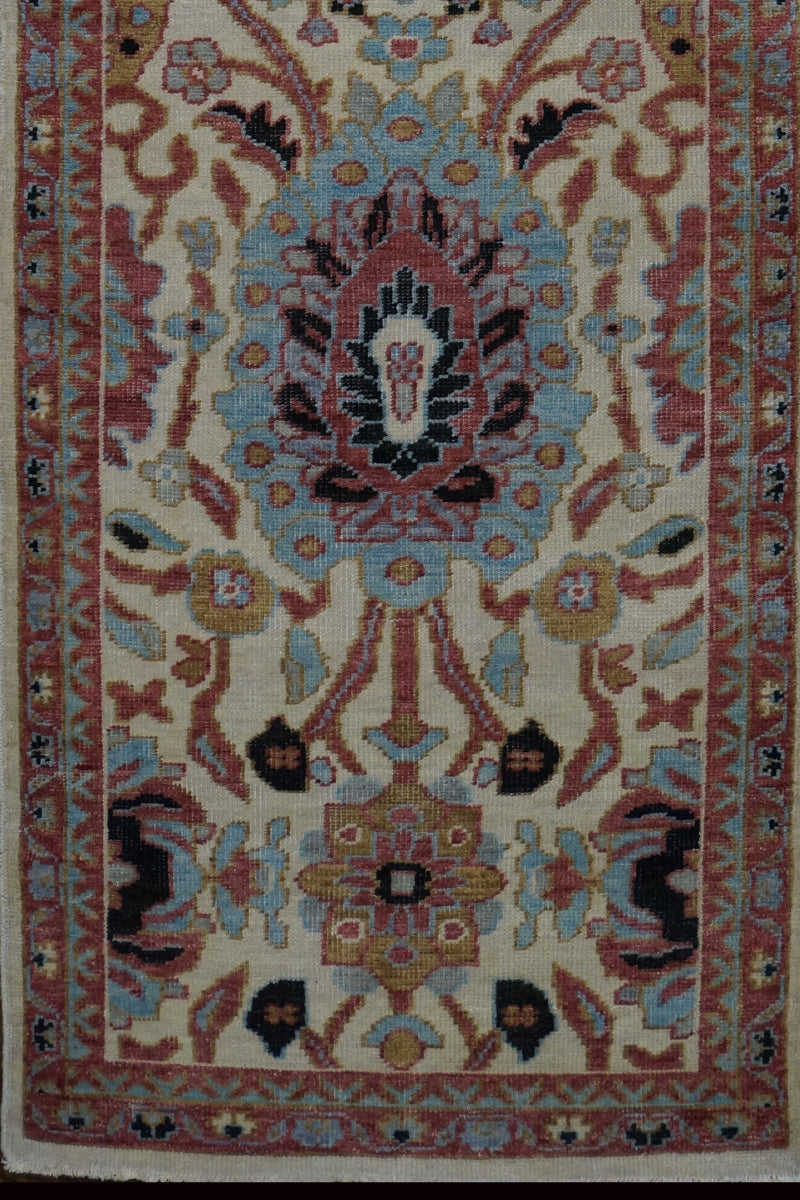 21st Century Afghan Sultanabad Wool 3x7 Ivory, Light Blue & Red Handmade Runner Rug #1143670