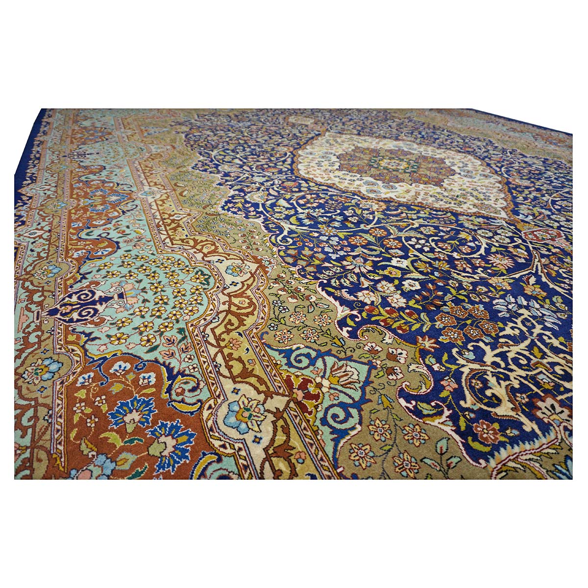 Persian Tabriz Wool 10x14 Navy, Olive & Light Blue Handmade Area Rug #1143874