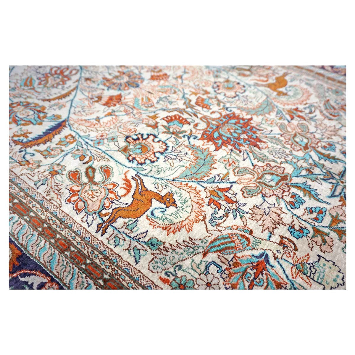 Vintage Sino-Persian Hereke Silk 4x6 Ivory, Pink & Navy Handmade Area Rug #1144060