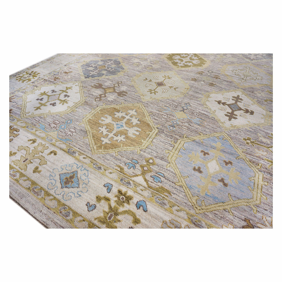 21st Century Turkish Oushak Wool 11x15 Grey, Ivory, Olive & Yellow Handmade Area Rug #1144074