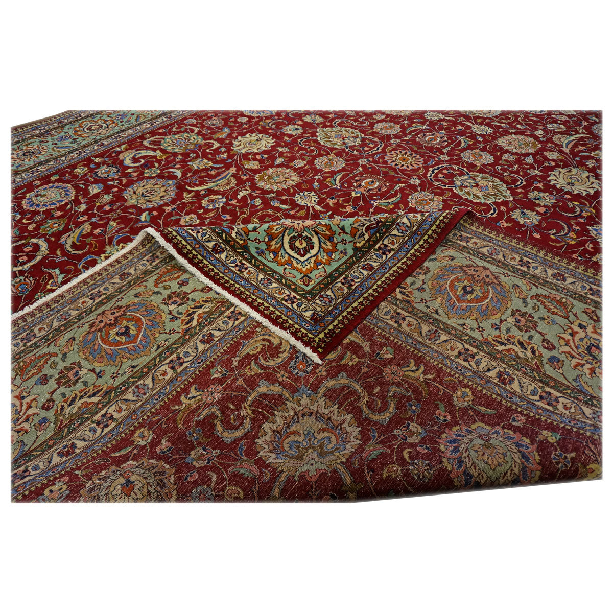 Antique 1940s Persian Tabriz Pahlavi 11x16 Red, Teal, & Ivory Handmade Area Rug #9902164 image 9