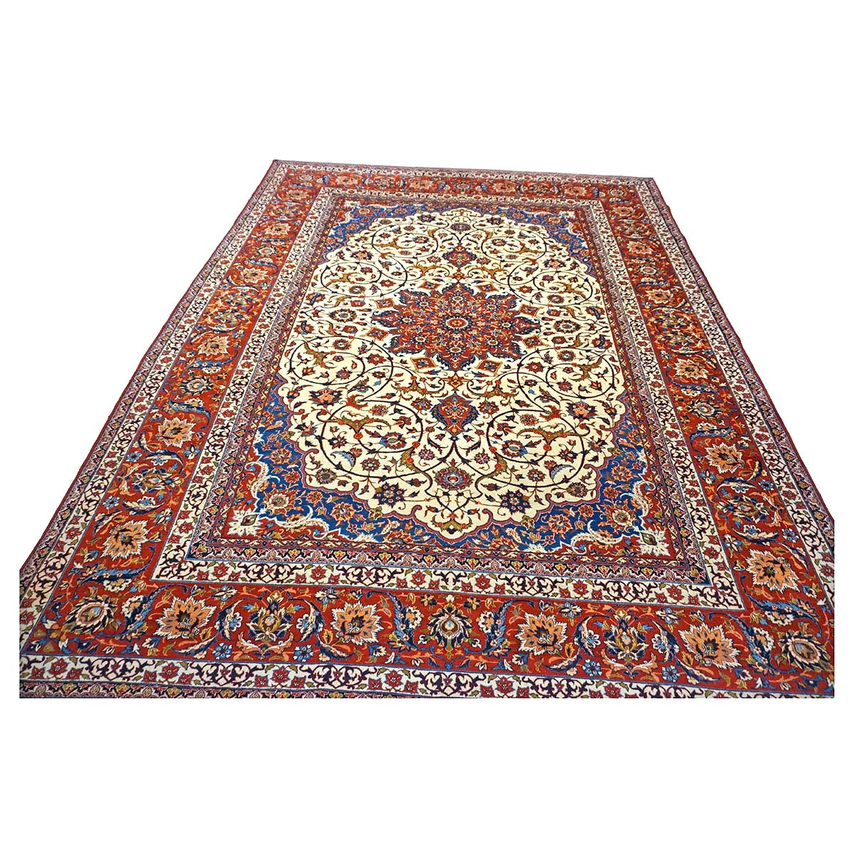 Vintage Persian Isfahan Wool 11x14 Ivory, Blue & Red Handmade Area Rug #9901039