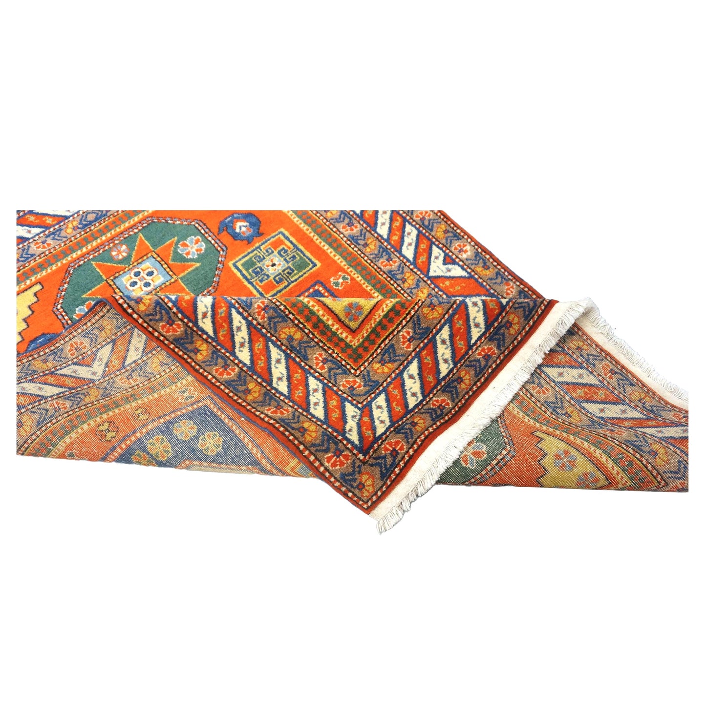Antique Azarbijiani Kazak Wool 4x5 Orange & Navy Handmade Area Rug #9902490