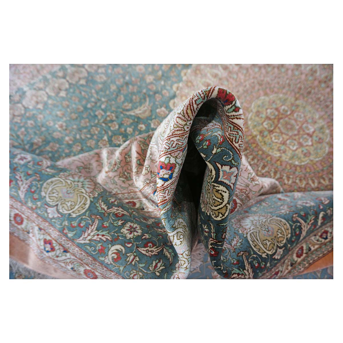 Persian Silk Qum 6x9 Teal, Ivory & Red Handmade Area Rug #9902653