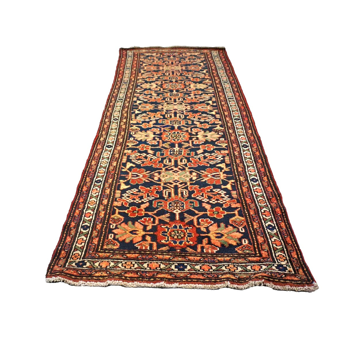 Antique Persian Hamadan Wool 4x10 Red, Navy & Ivory Handmade Gallery Rug # 9902786