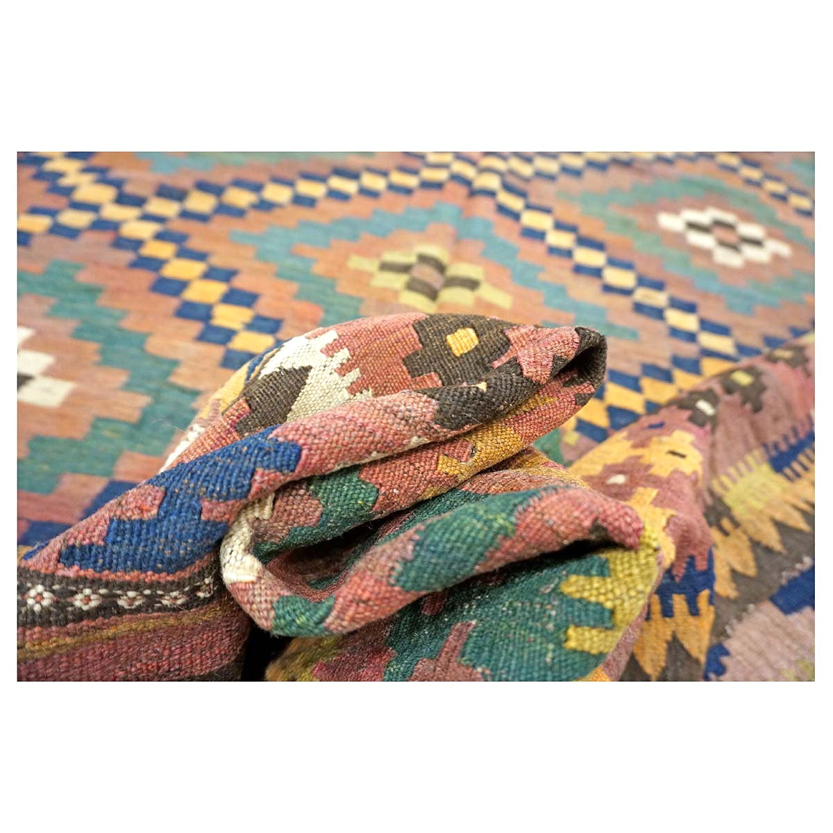 Antique Afghan Kabul Kilim Wool 10x17 Camel, Brick & Teal Handmade Area Rug #9902929