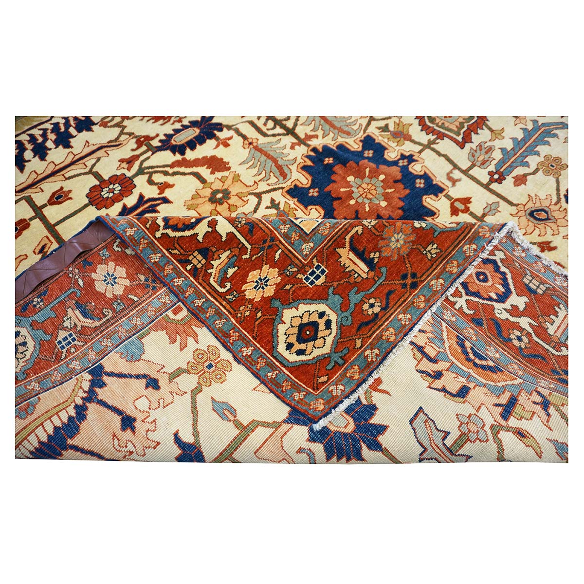 Persian Serapi 7x11 Ivory, Rust, & Blue Antique Recreation Handmade Area Rug #1141228 image 12