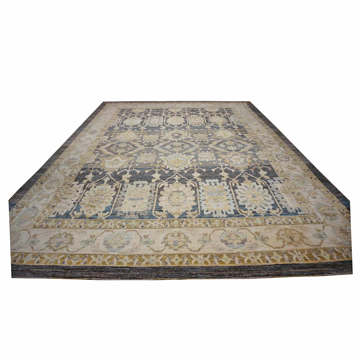 21st Century Turkish Oushak 15x20 Charcoal, Ivory & Olive Green Handmade Rug #1144070 image 9