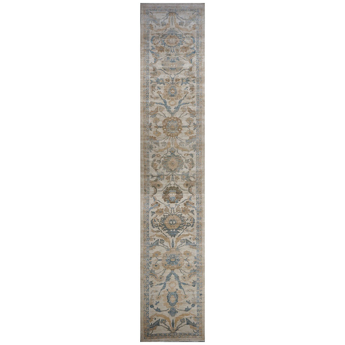 Persian Sultanabad 4x24 Ivory, Tan, & Blue Hall Runner Rug #1141314 image 0