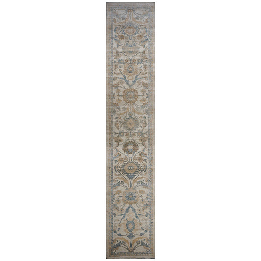Persian Sultanabad 4x24 Ivory, Tan, & Blue Hall Runner Rug #1141314 image 0