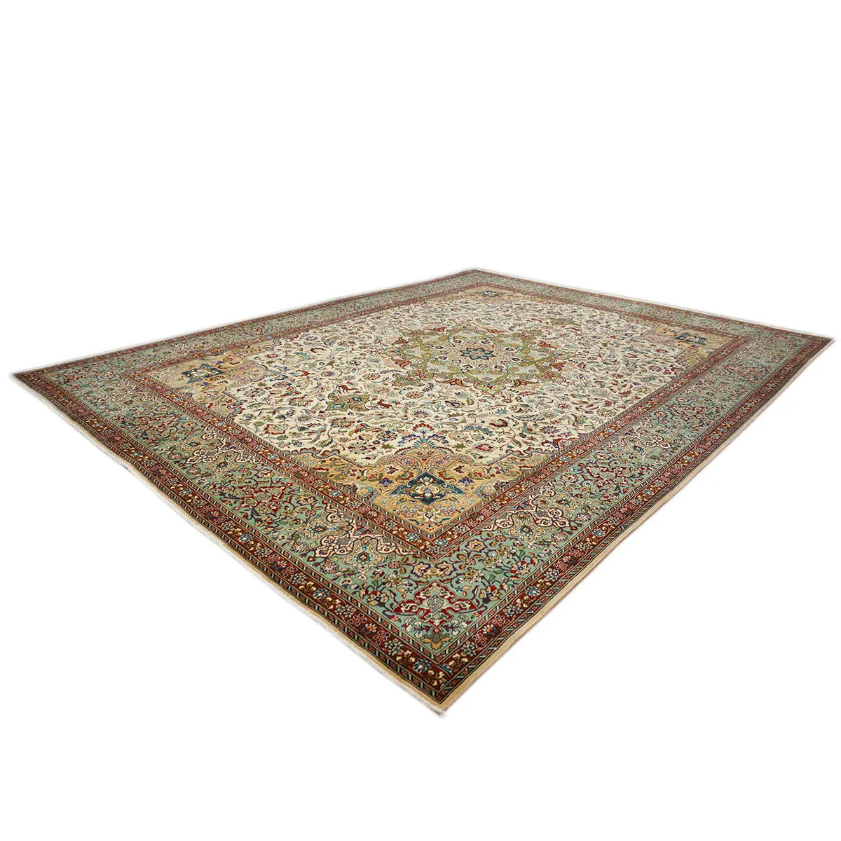 Vintage Persian Tabriz 10X13 Ivory and Green Area Rug #1140364 image 4