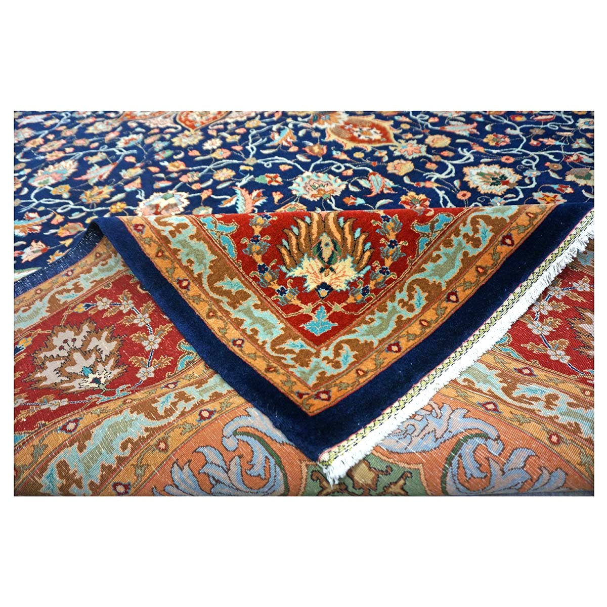 Antique Persian Tabriz Wool 9x11 Navy, Salmon & Red Handmade Area Rug #1140038