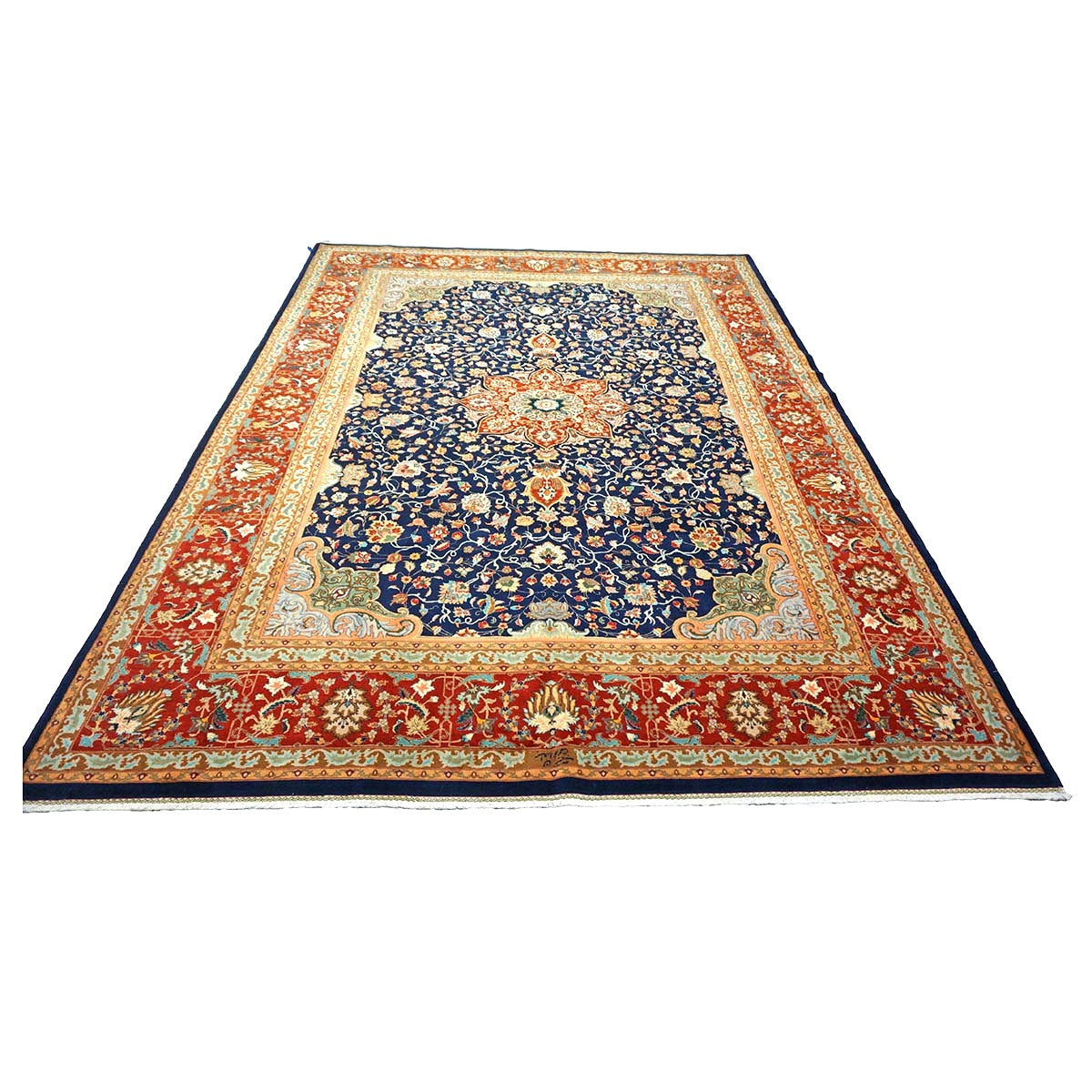 Antique Persian Tabriz Wool 9x11 Navy, Salmon & Red Handmade Area Rug #1140038