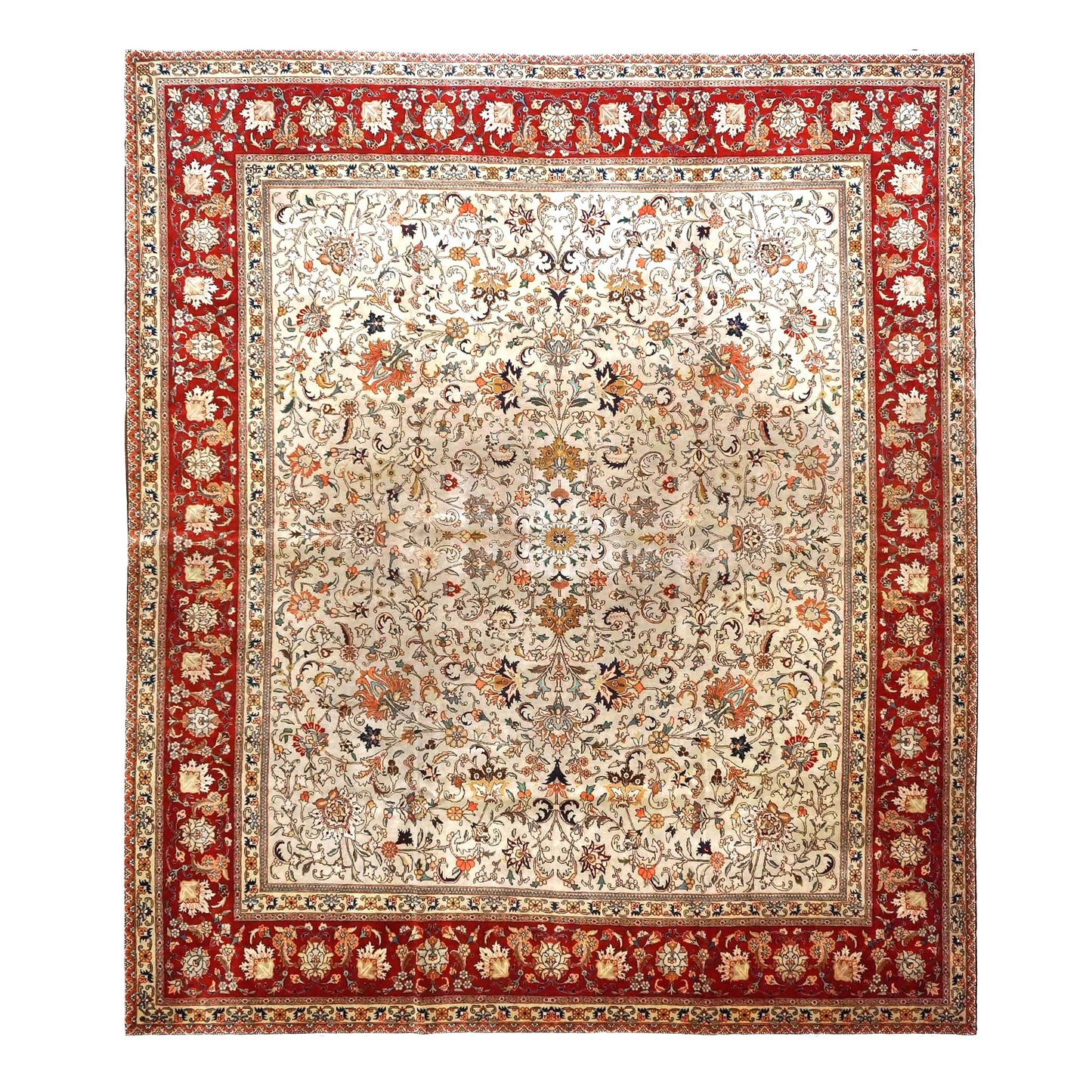 Vintage Persian Tabriz Wool 9x11 Ivory & Red Handmade Area Rug #1140126