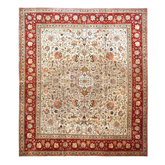 Vintage Persian Tabriz Wool 9x11 Ivory & Red Handmade Area Rug #1140126