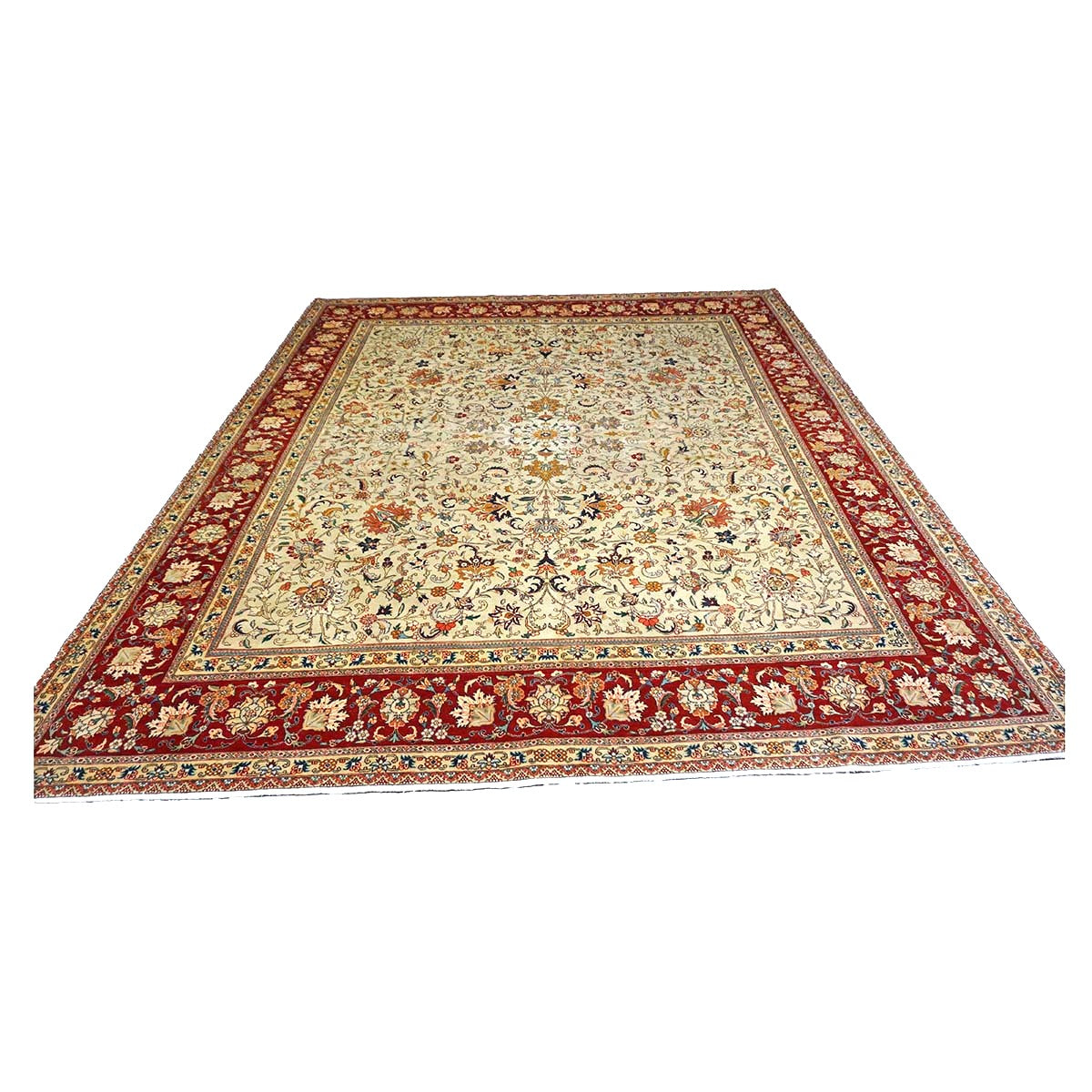 Vintage Persian Tabriz Wool 9x11 Ivory & Red Handmade Area Rug #1140126