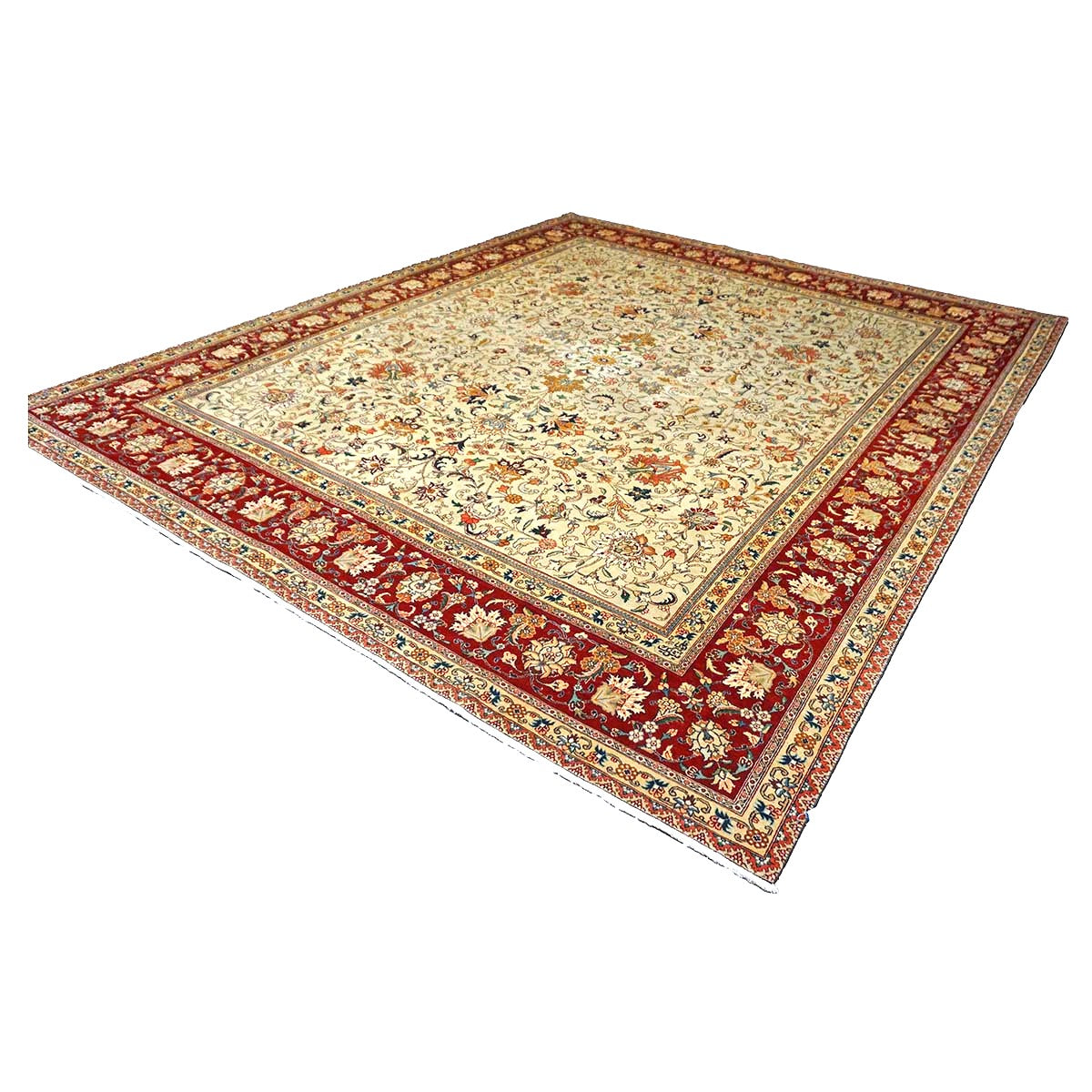 Vintage Persian Tabriz Wool 9x11 Ivory & Red Handmade Area Rug #1140126