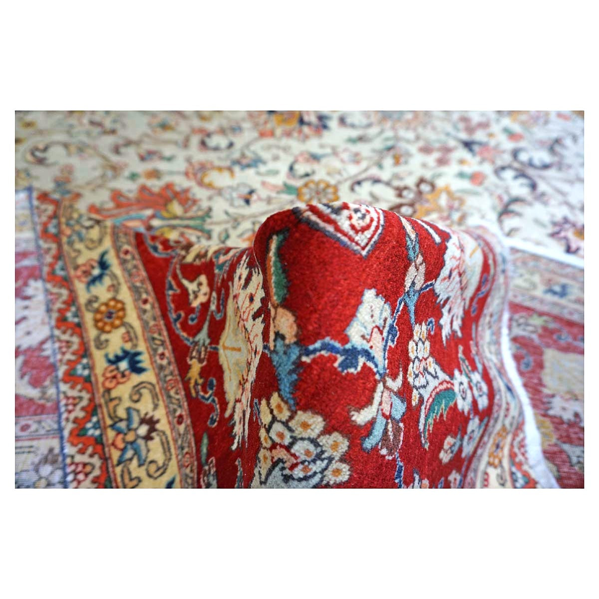 Vintage Persian Tabriz Wool 9x11 Ivory & Red Handmade Area Rug #1140126