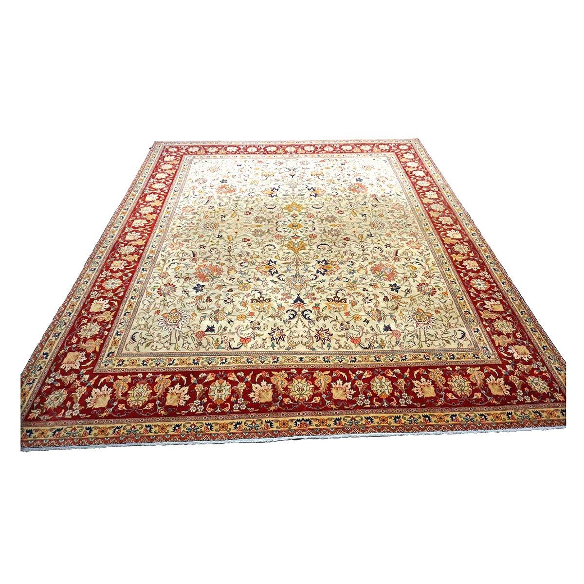 Vintage Persian Tabriz Wool 9x11 Ivory & Red Handmade Area Rug #1140126