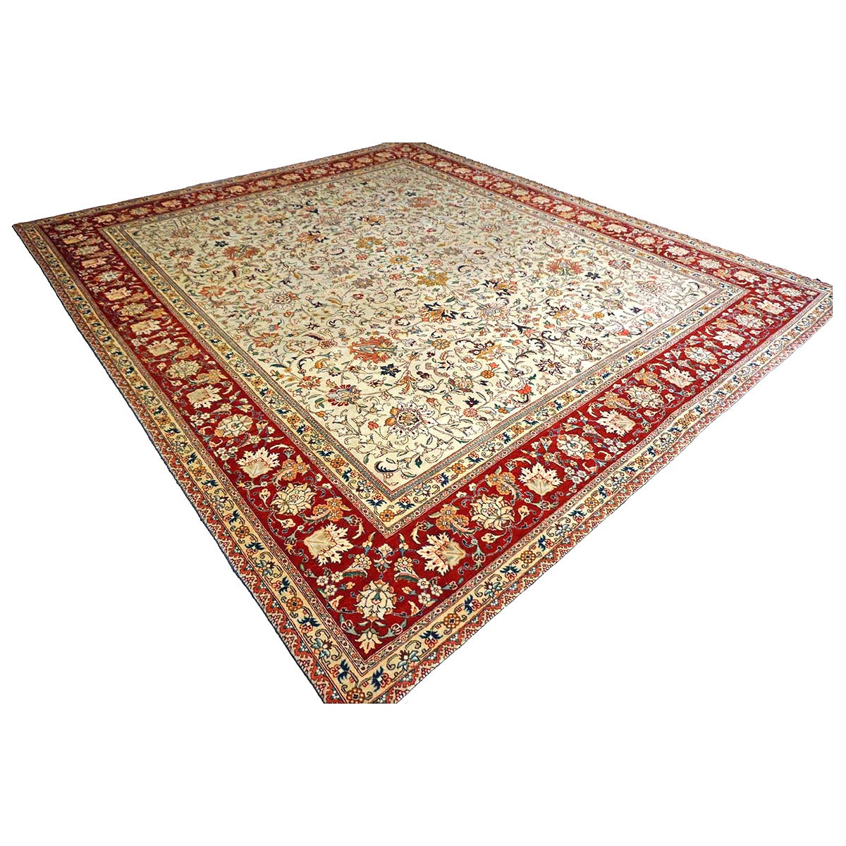 Vintage Persian Tabriz Wool 9x11 Ivory & Red Handmade Area Rug #1140126