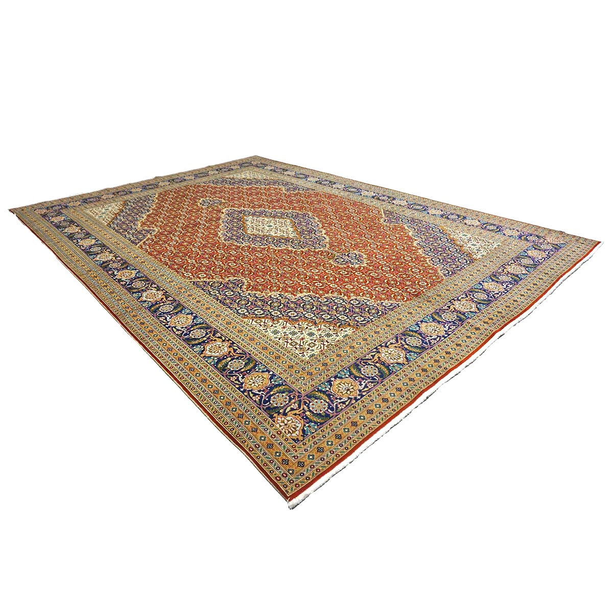 Antique Persian Tabriz Wool 8x11 Ivory, Red & Blue Handmade Area Rug #1140298