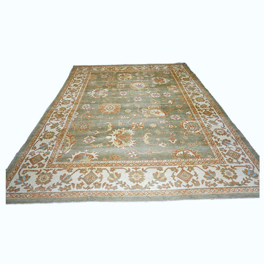 Persian Oushak Wool 10x14 Olive Green, Ivory & Rust Handmade Area Rug #1140311