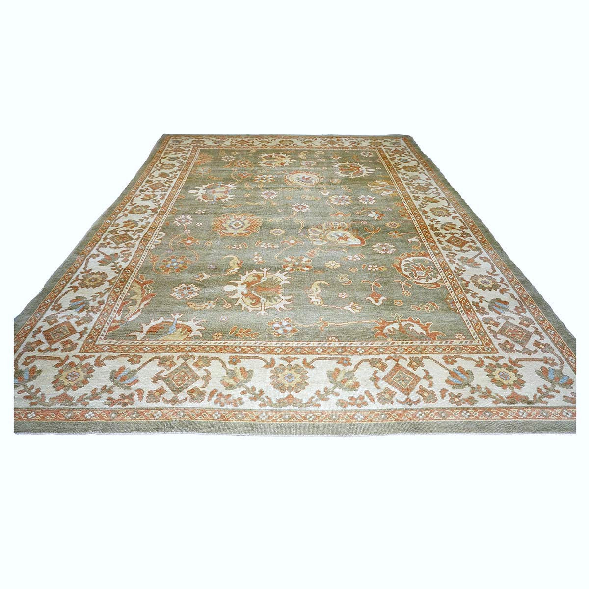 Persian Oushak Wool 10x14 Olive Green, Ivory & Rust Handmade Area Rug #1140311