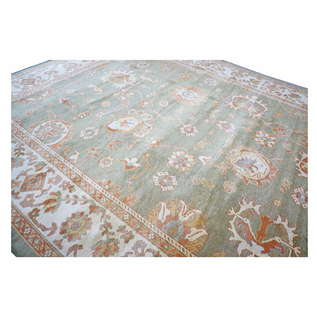Persian Oushak Wool 10x14 Olive Green, Ivory & Rust Handmade Area Rug #1140311