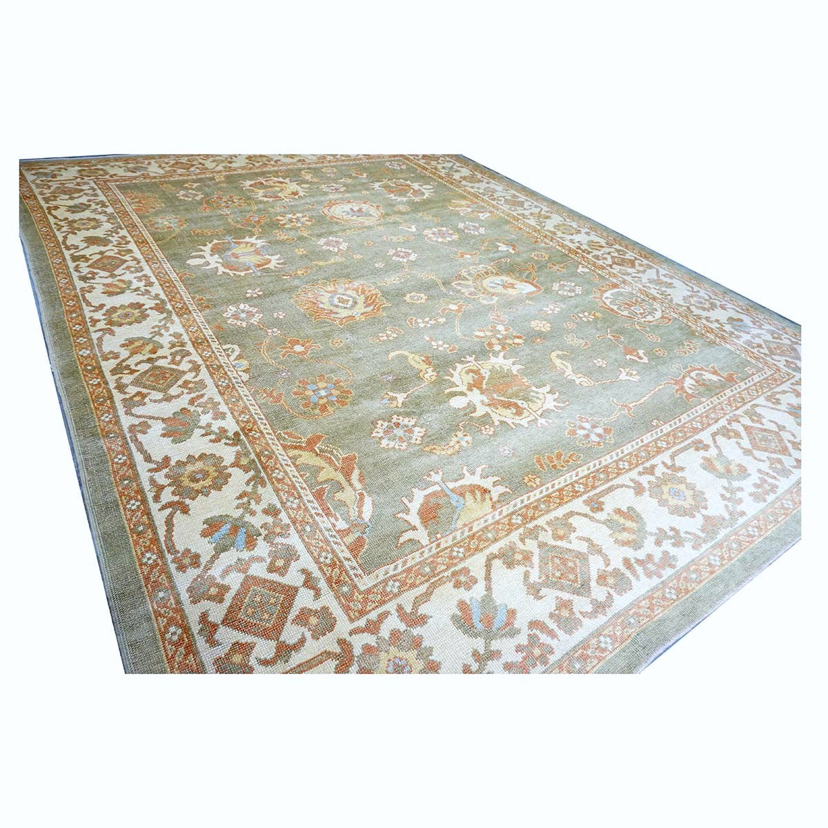 Persian Oushak Wool 10x14 Olive Green, Ivory & Rust Handmade Area Rug #1140311
