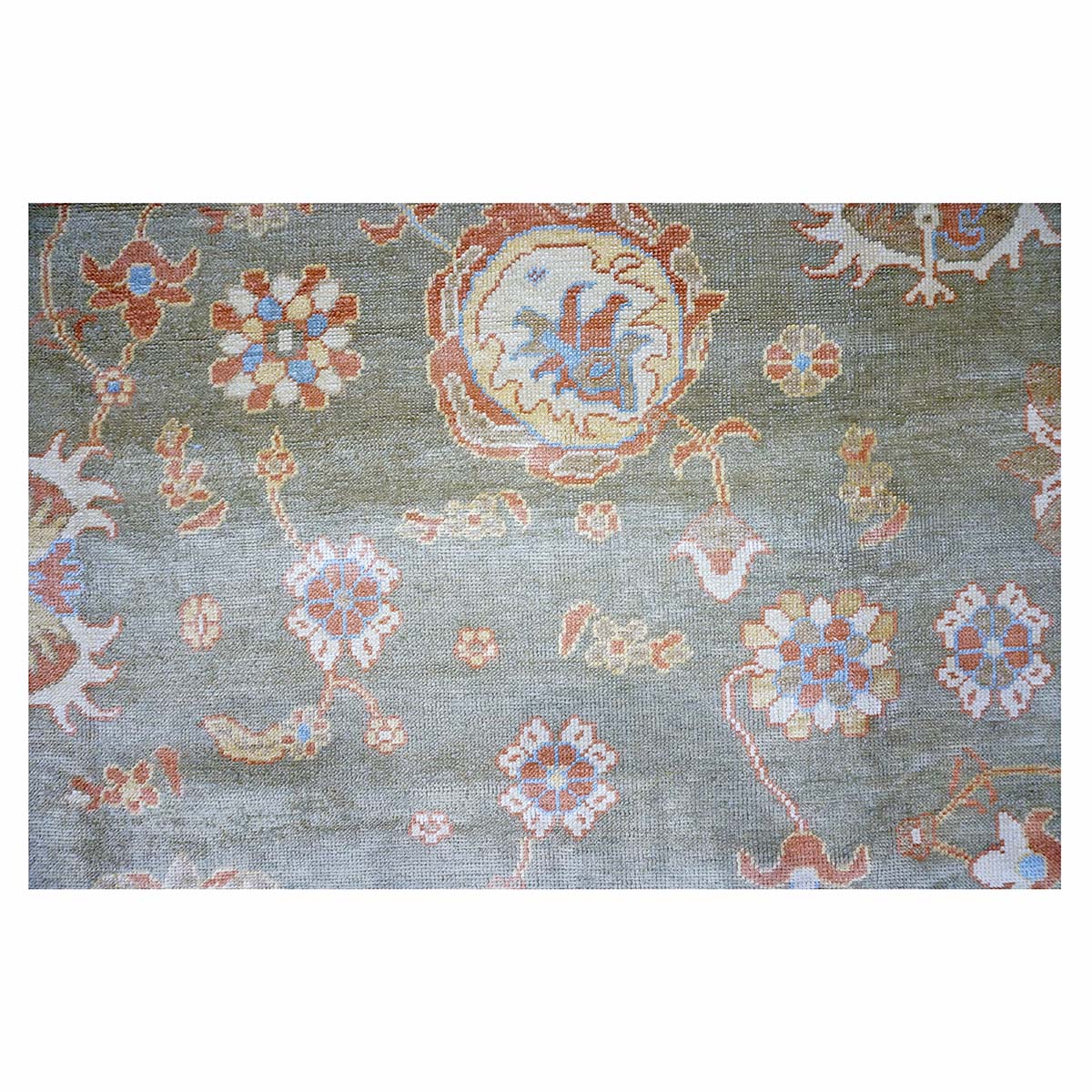 Persian Oushak Wool 10x14 Olive Green, Ivory & Rust Handmade Area Rug #1140311