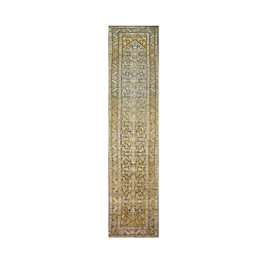 Antique Persian Malayer Wool 4x16 Ivory, Slate & Olive Handmade Gallery Rug #1140328