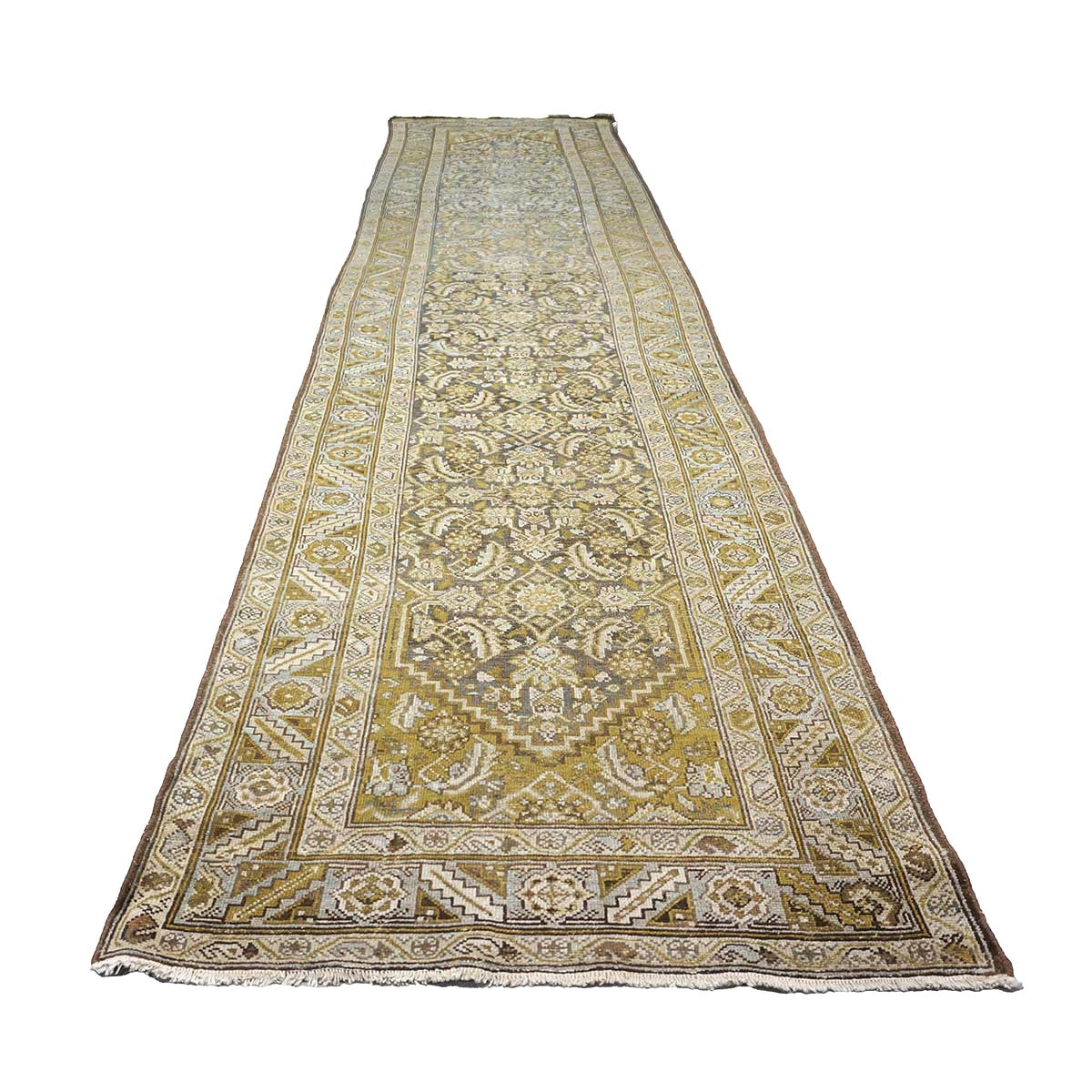 Antique Persian Malayer Wool 4x16 Ivory, Slate & Olive Handmade Gallery Rug #1140328