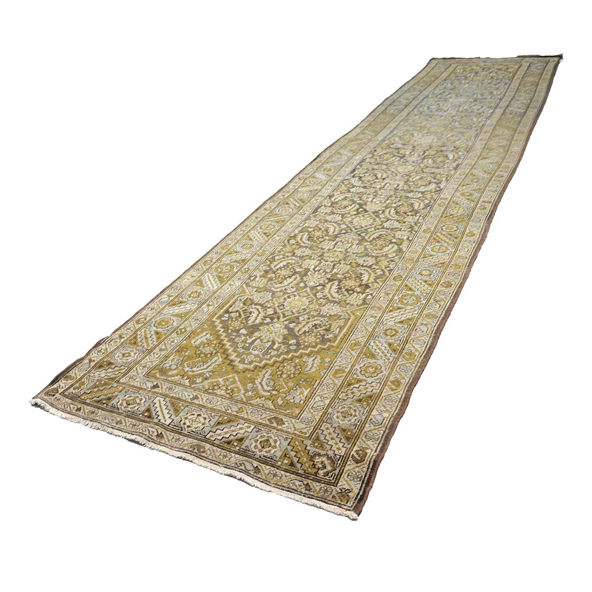 Antique Persian Malayer Wool 4x16 Ivory, Slate & Olive Handmade Gallery Rug #1140328