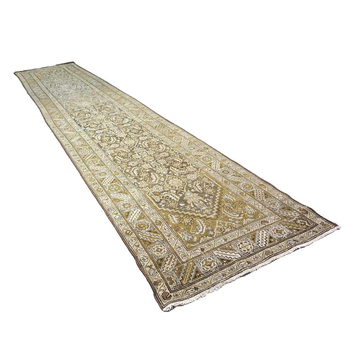 Antique Persian Malayer Wool 4x16 Ivory, Slate & Olive Handmade Gallery Rug #1140328