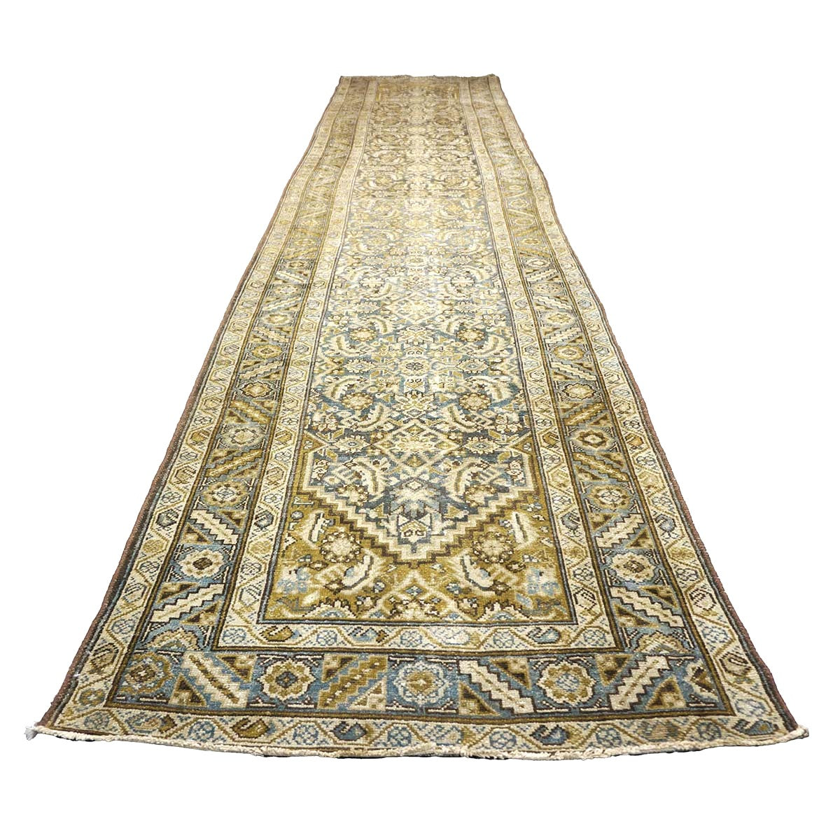 Antique Persian Malayer Wool 4x16 Ivory, Slate & Olive Handmade Gallery Rug #1140328