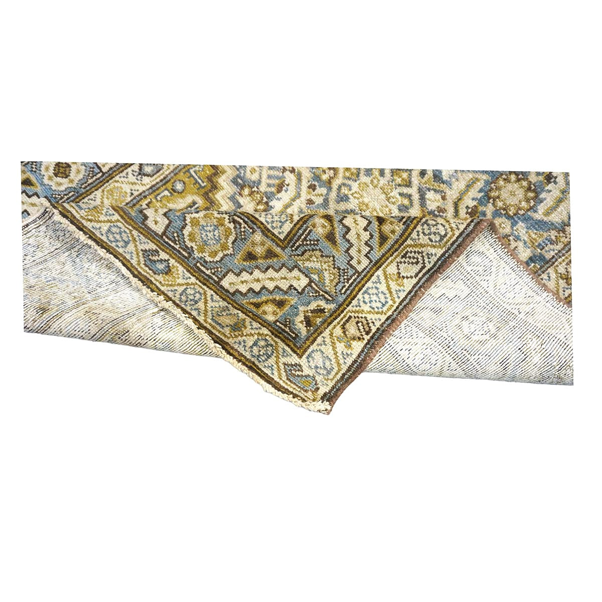Antique Persian Malayer Wool 4x16 Ivory, Slate & Olive Handmade Gallery Rug #1140328