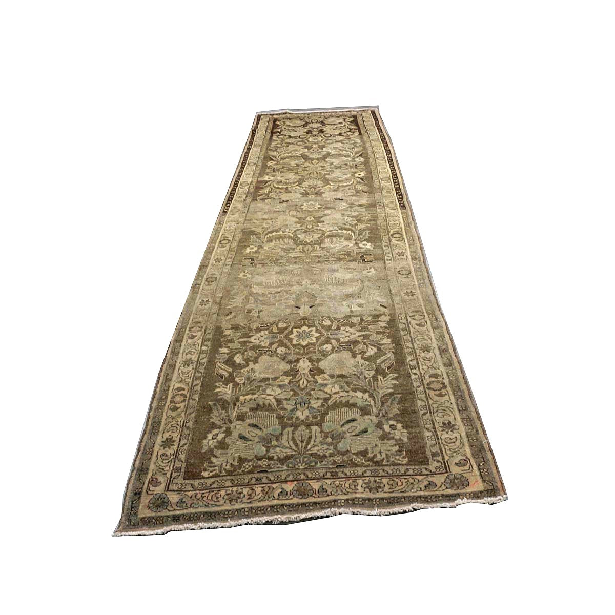 Antique Persian Malayer Wool 3x11 Camel & Brown Handmade Runner Rug #1140375