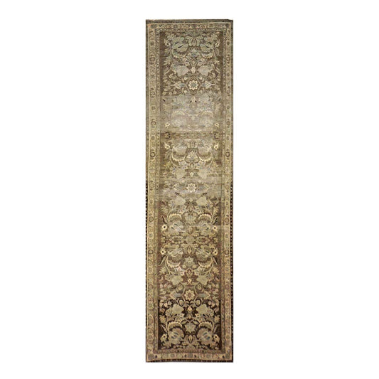 Antique Persian Malayer Wool 3x11 Camel & Brown Handmade Runner Rug #1140375