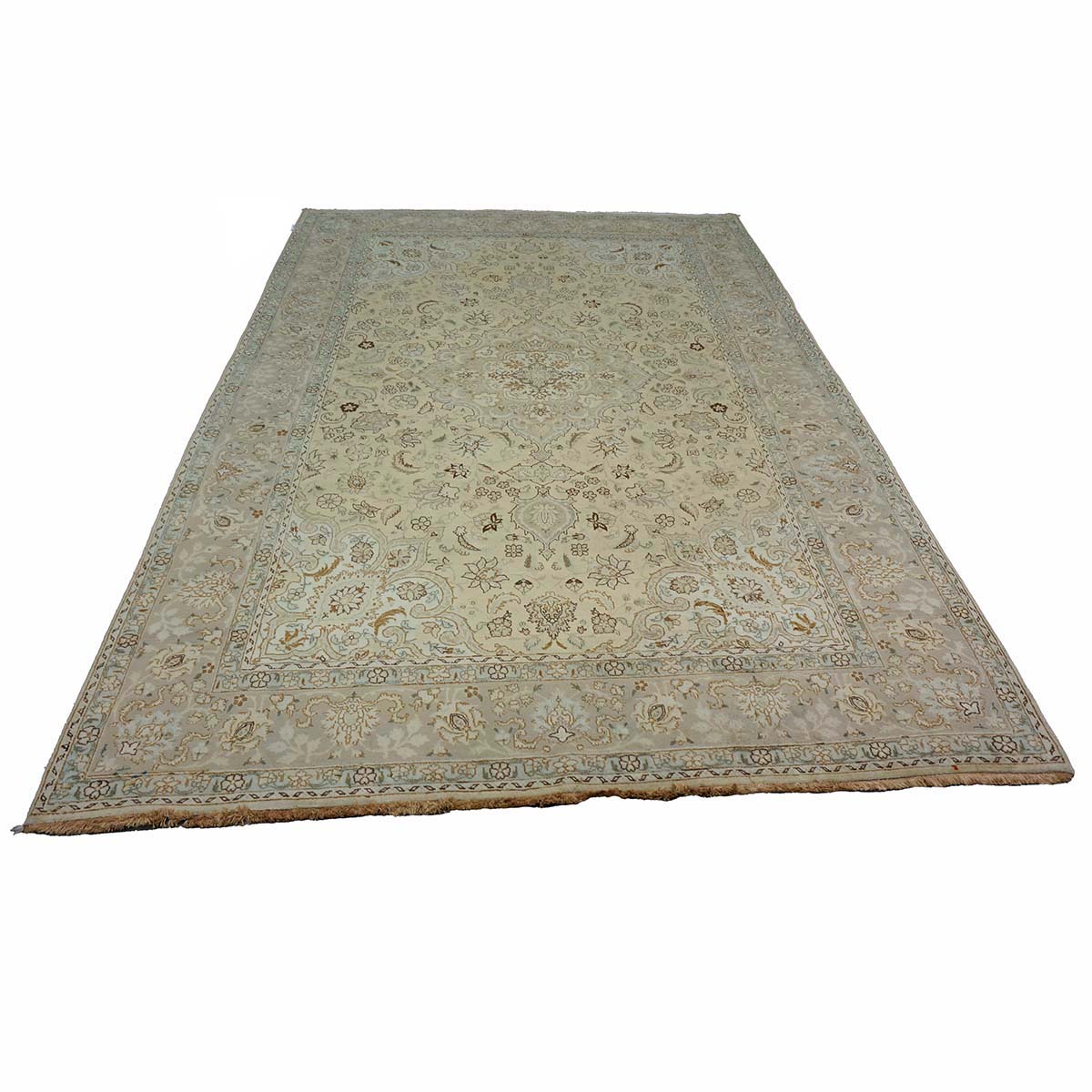 Antique Persian Tabriz Wool 6x10 Ivory, Tan & Light Blue Handmade Area Rug #1140393