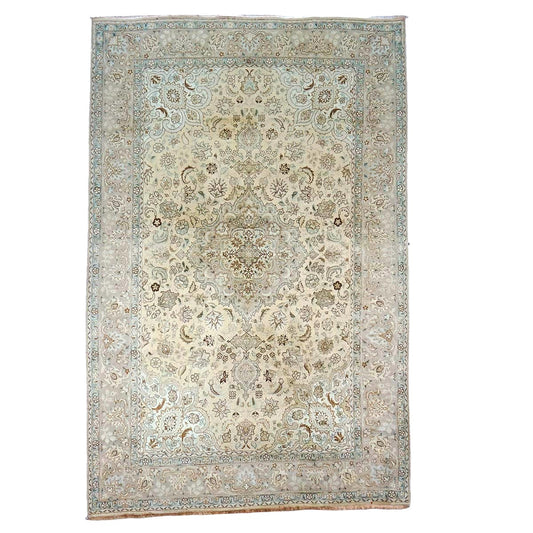 Antique Persian Tabriz Wool 6x10 Ivory, Tan & Light Blue Handmade Area Rug #1140393