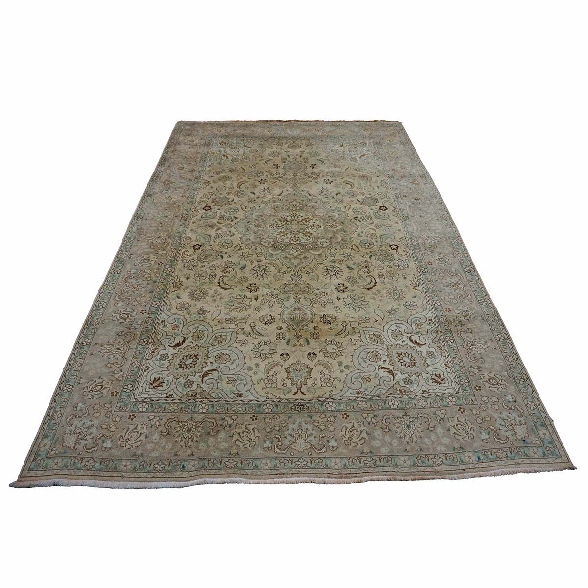 Antique Persian Tabriz Wool 6x10 Ivory, Tan & Light Blue Handmade Area Rug #1140393