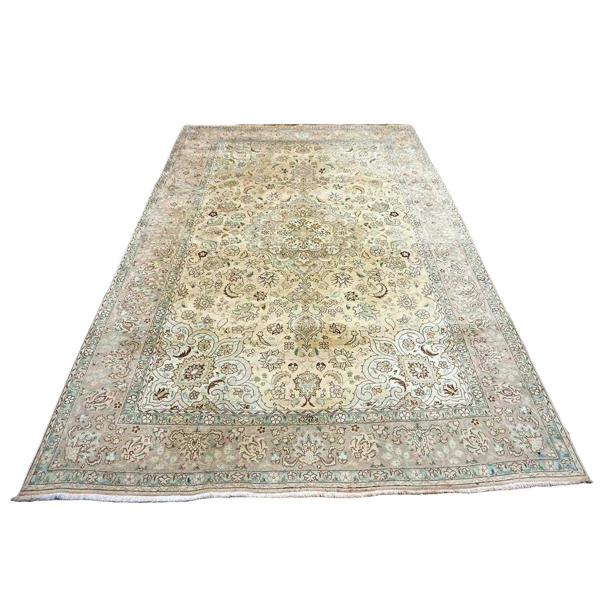 Antique Persian Tabriz Wool 6x10 Ivory, Tan & Light Blue Handmade Area Rug #1140393