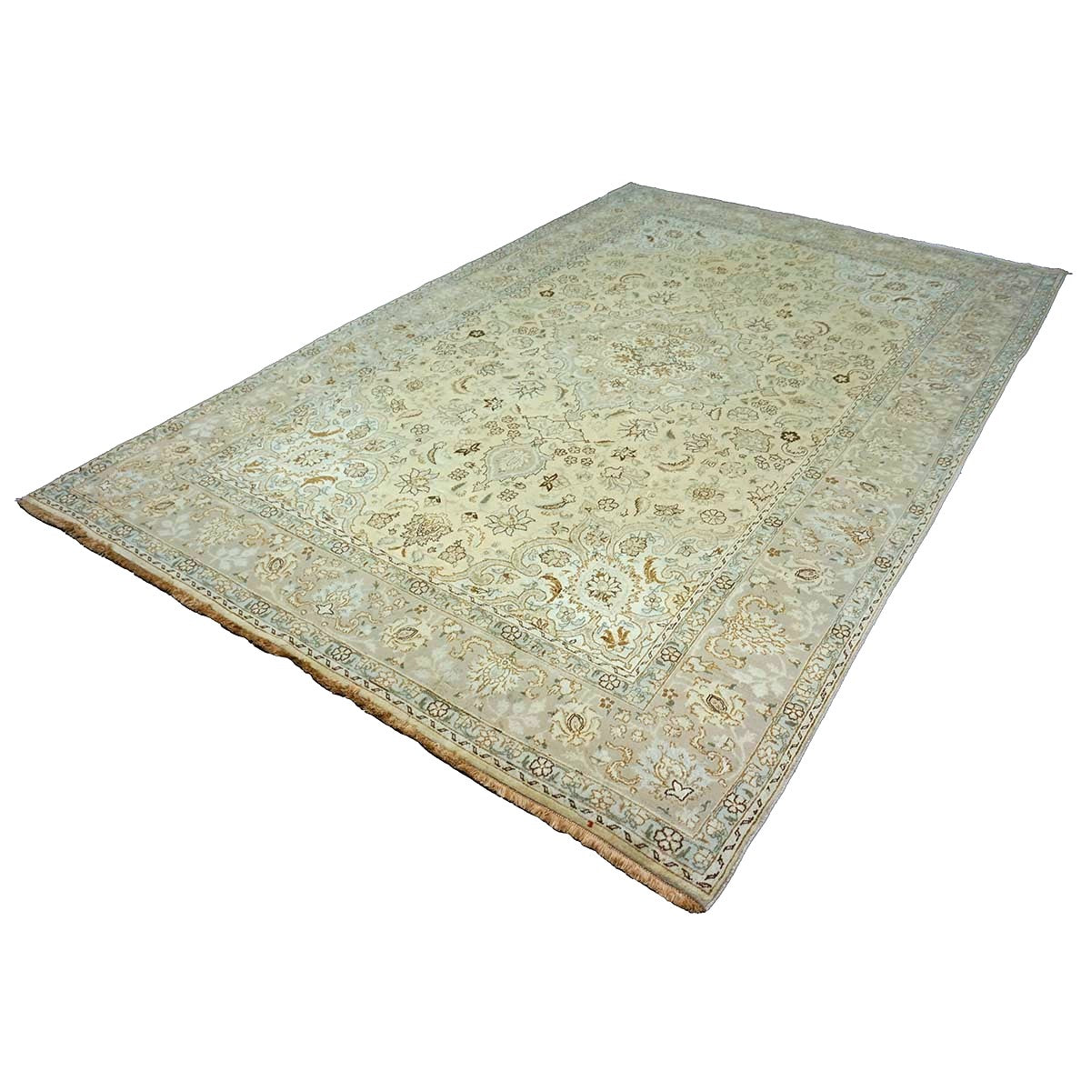 Antique Persian Tabriz Wool 6x10 Ivory, Tan & Light Blue Handmade Area Rug #1140393