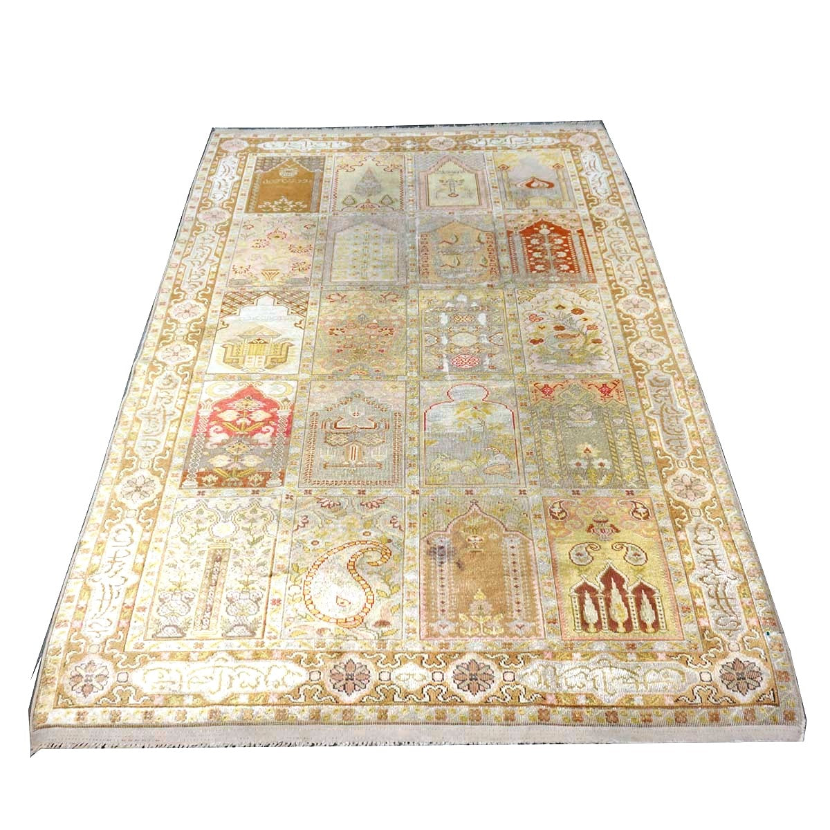 Antique Turkish Keyseri Silk 5x7 Gold, Ivory & Multicolored Handmade Area Rug #1140425