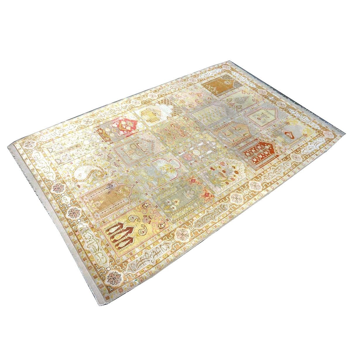Antique Turkish Keyseri Silk 5x7 Gold, Ivory & Multicolored Handmade Area Rug #1140425