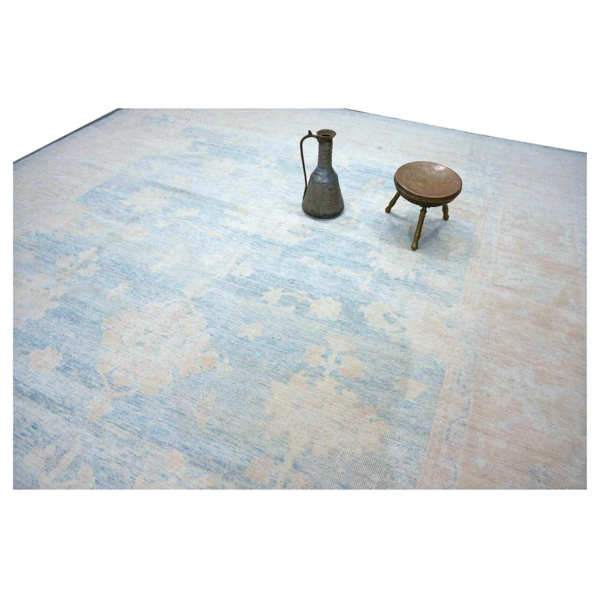 21st Century Turkish Oushak Wool 13x15 Ivory & Slate Blue Handmade Area Rug #1140506