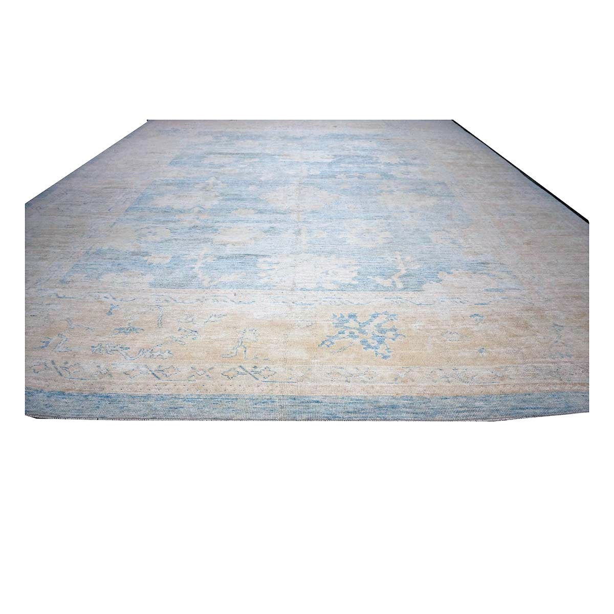 21st Century Turkish Oushak Wool 13x15 Ivory & Slate Blue Handmade Area Rug #1140506